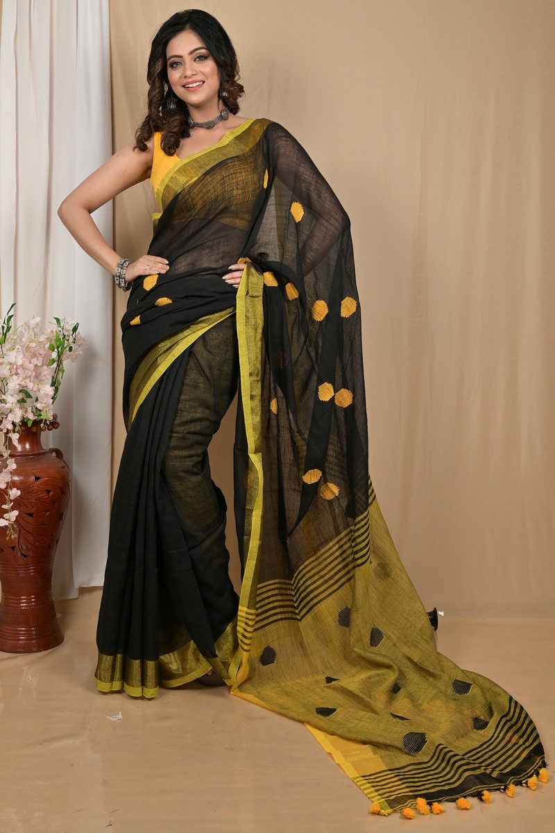 Black Yellow Pure Cotton Achkol Hand Loom Saree (2216)