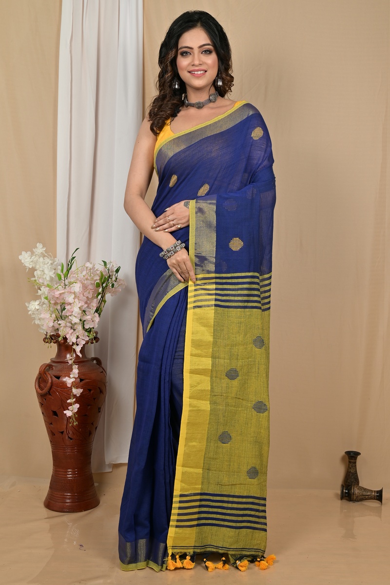 Nabyblue Yellow Pure Cotton Achkol Hand Loom Saree (2217)