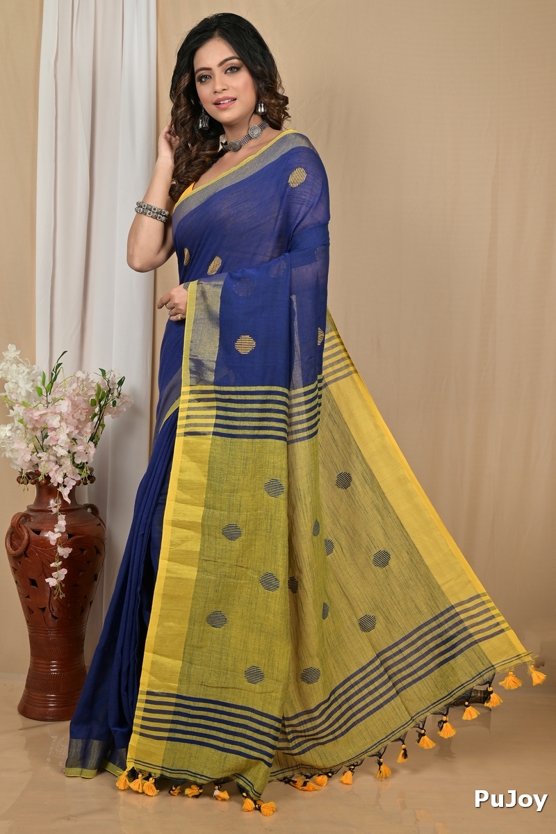 Nabyblue Yellow Pure Cotton Achkol Hand Loom Saree (2217)