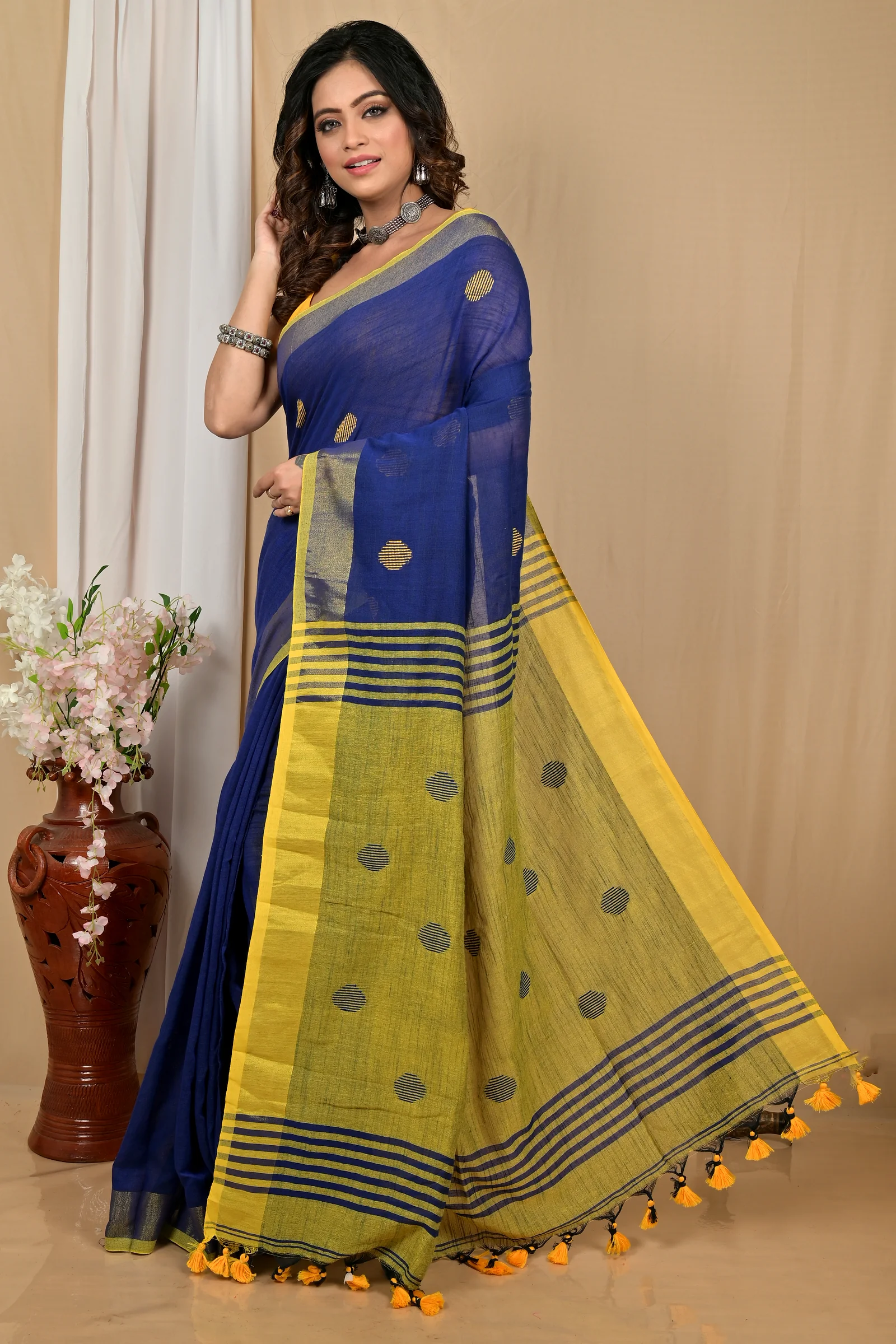 Nabyblue Yellow Pure Cotton Achkol Hand Loom Saree (2217)