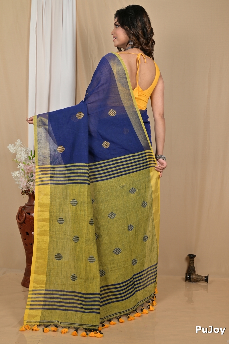 Nabyblue Yellow Pure Cotton Achkol Hand Loom Saree (2217)