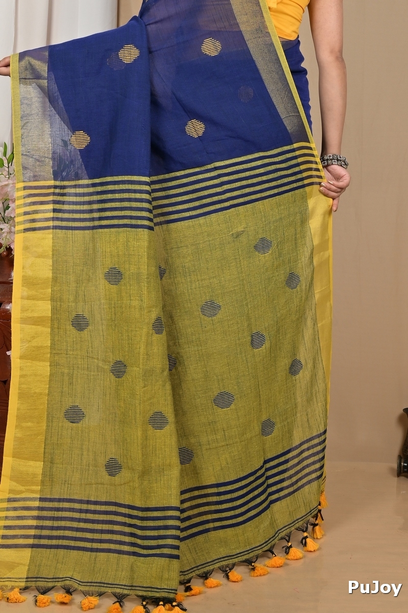 Nabyblue Yellow Pure Cotton Achkol Hand Loom Saree (2217)