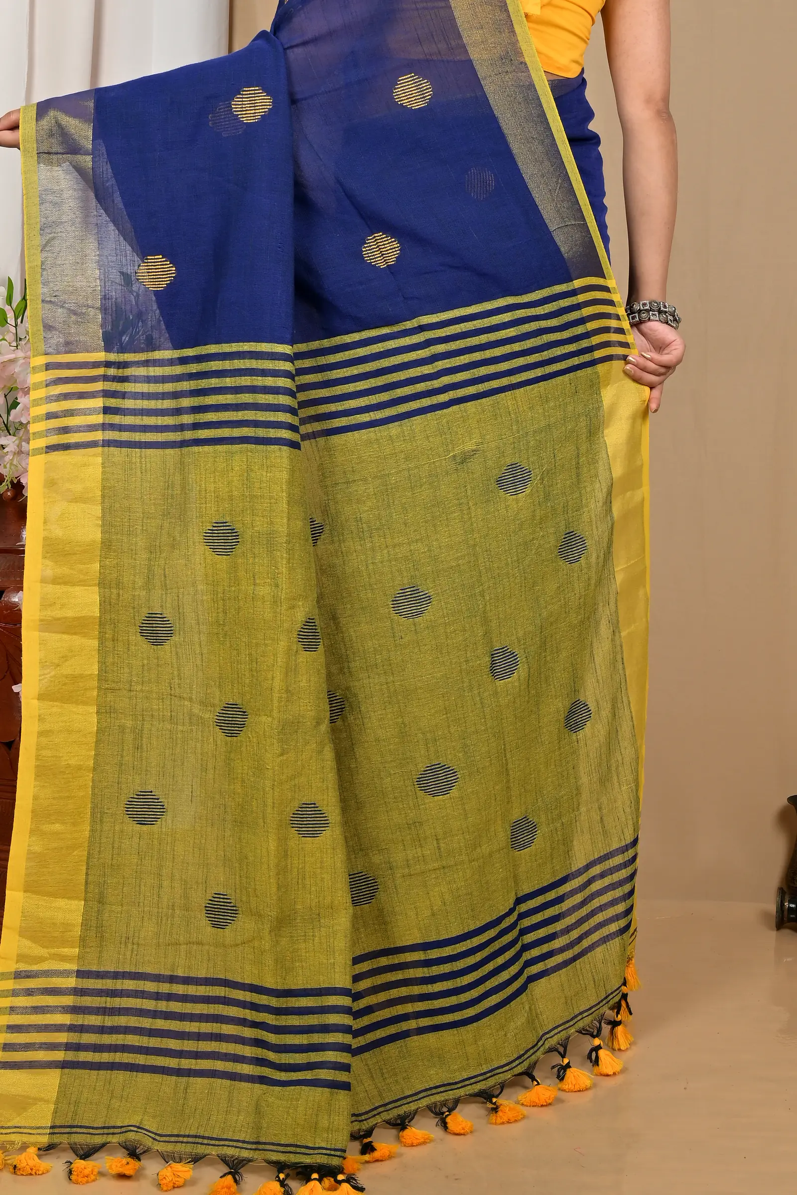 Nabyblue Yellow Pure Cotton Achkol Hand Loom Saree (2217)
