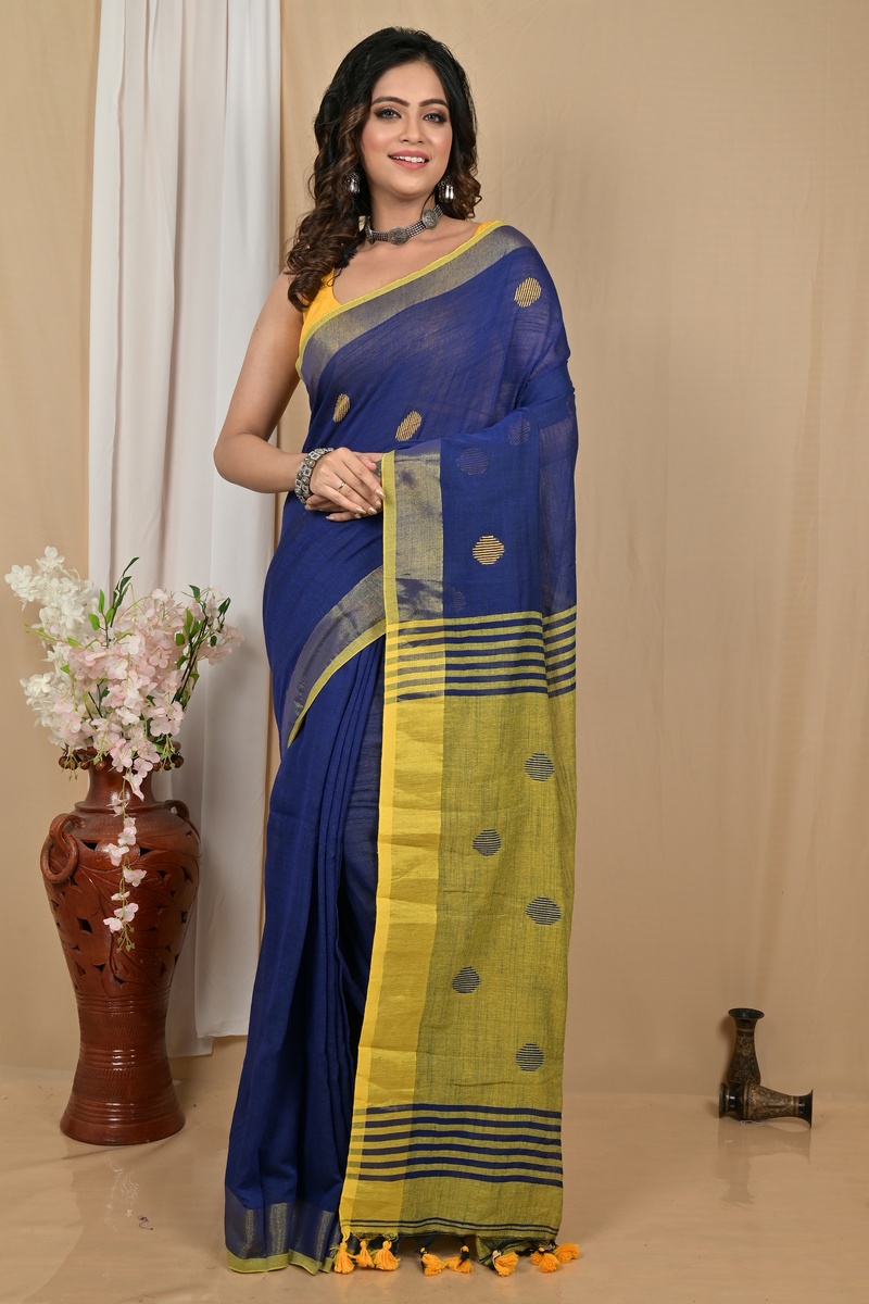 Nabyblue Yellow Pure Cotton Achkol Hand Loom Saree (2217)