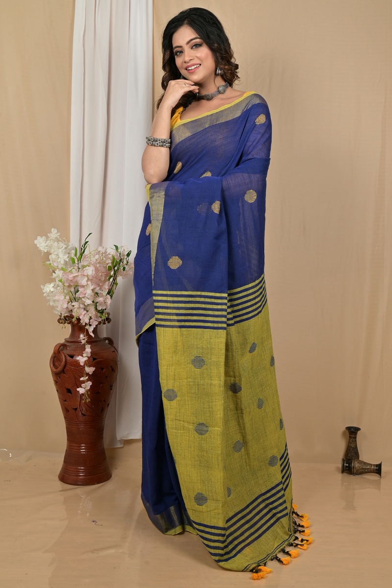 Nabyblue Yellow Pure Cotton Achkol Hand Loom Saree (2217)