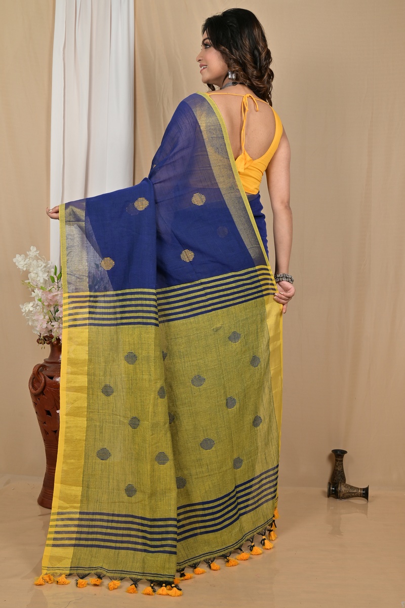 Nabyblue Yellow Pure Cotton Achkol Hand Loom Saree (2217)