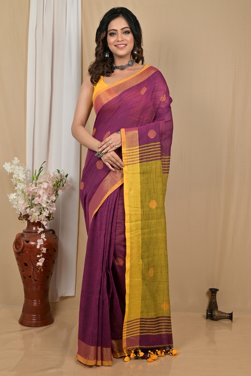 Purpel Yellow Pure Cotton Achkol Hand Loom Saree (2218)