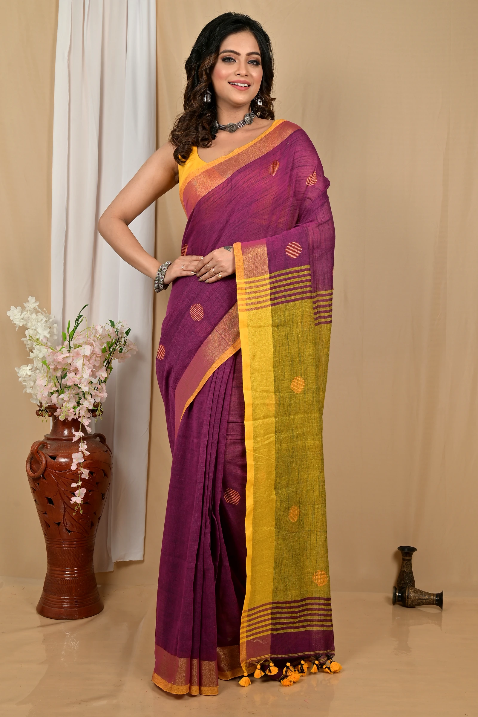 Purpel Yellow Pure Cotton Achkol Hand Loom Saree (2218)