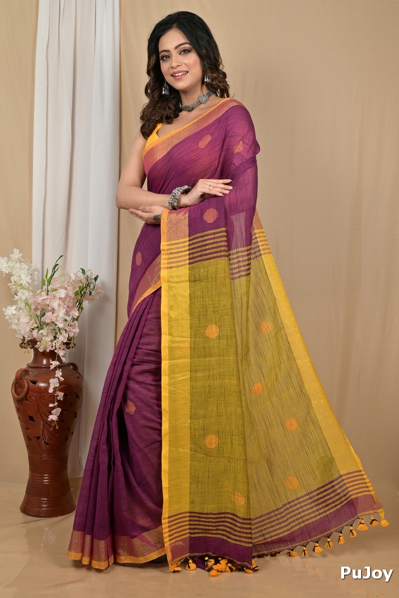 Purpel Yellow Pure Cotton Achkol Hand Loom Saree (2218)