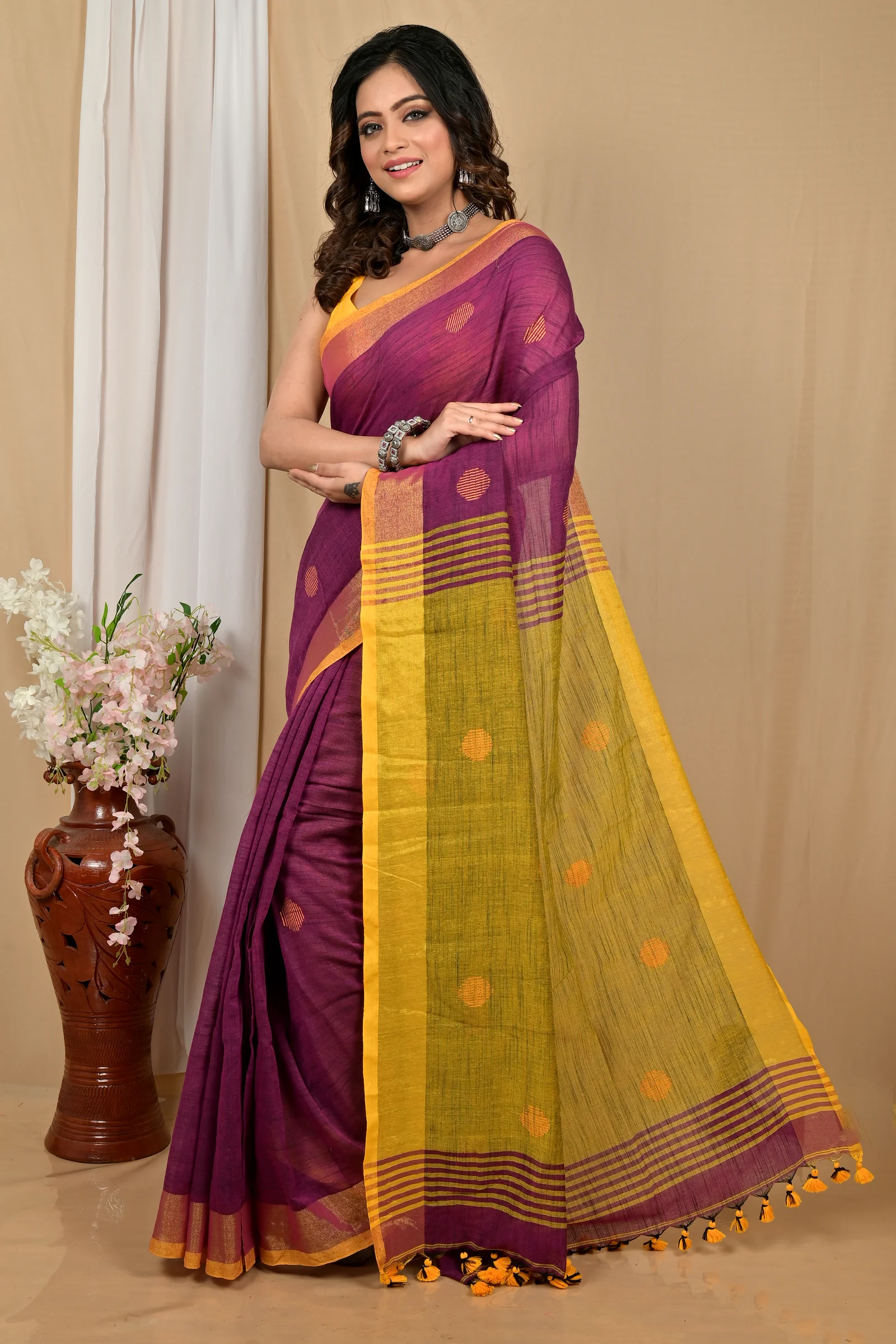 Purpel Yellow Pure Cotton Achkol Hand Loom Saree (2218)