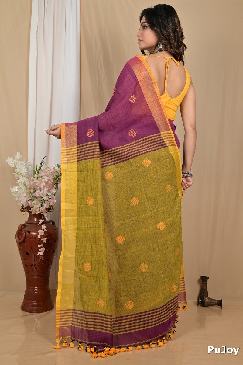 Purpel Yellow Pure Cotton Achkol Hand Loom Saree (2218)