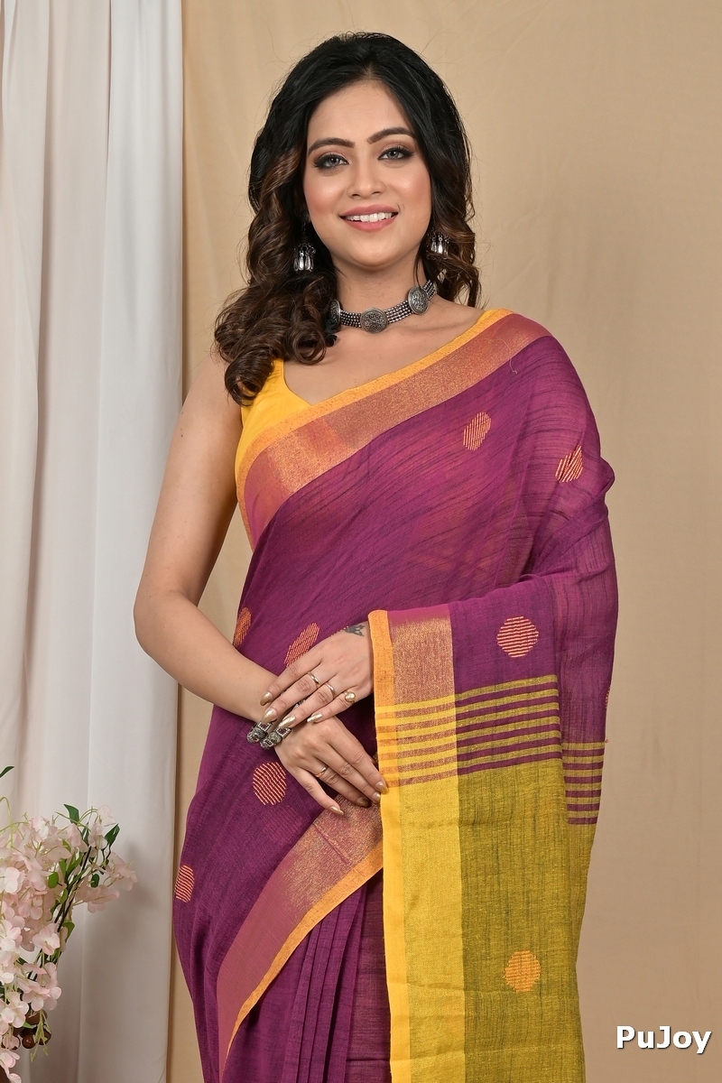 Purpel Yellow Pure Cotton Achkol Hand Loom Saree (2218)