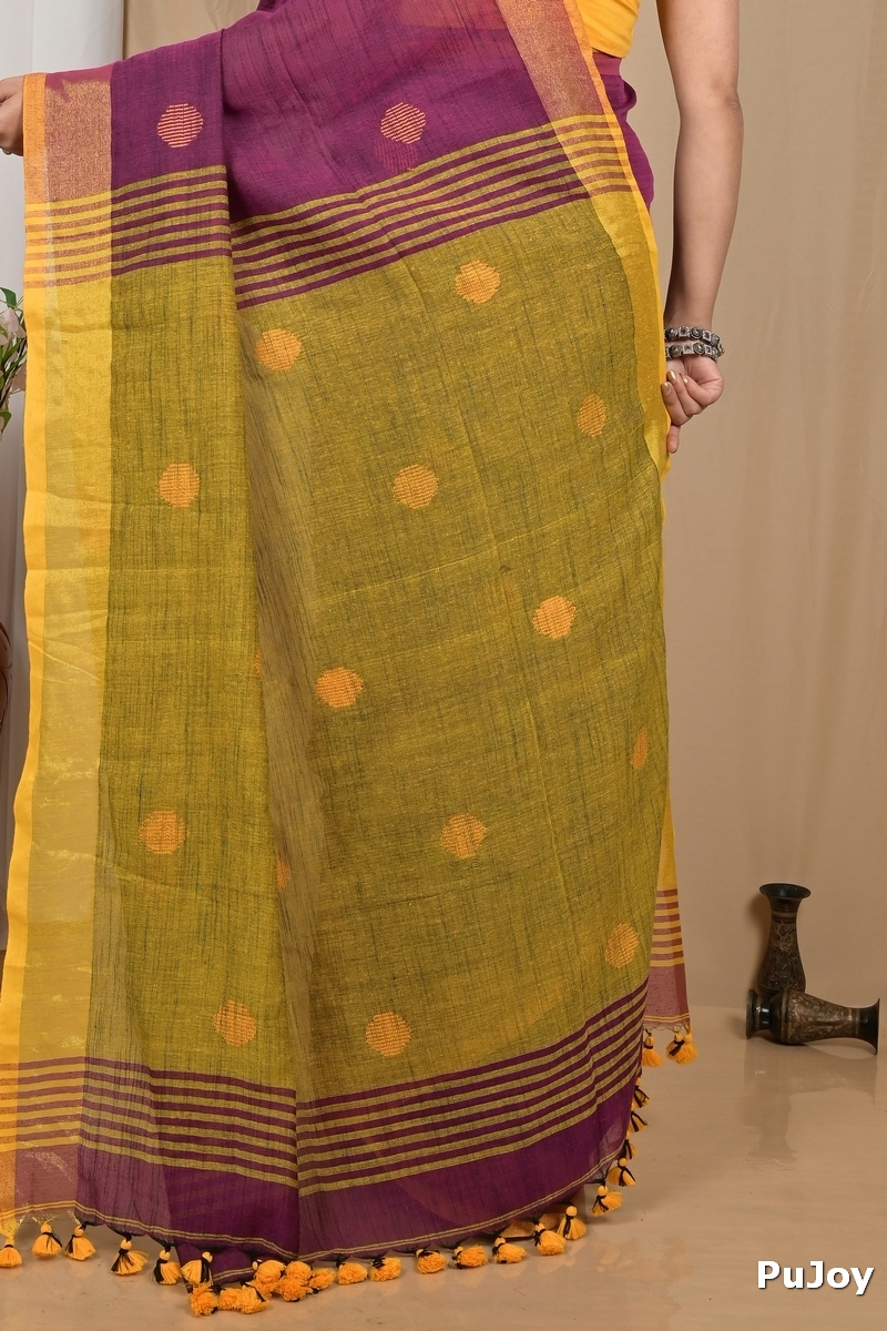 Purpel Yellow Pure Cotton Achkol Hand Loom Saree (2218)