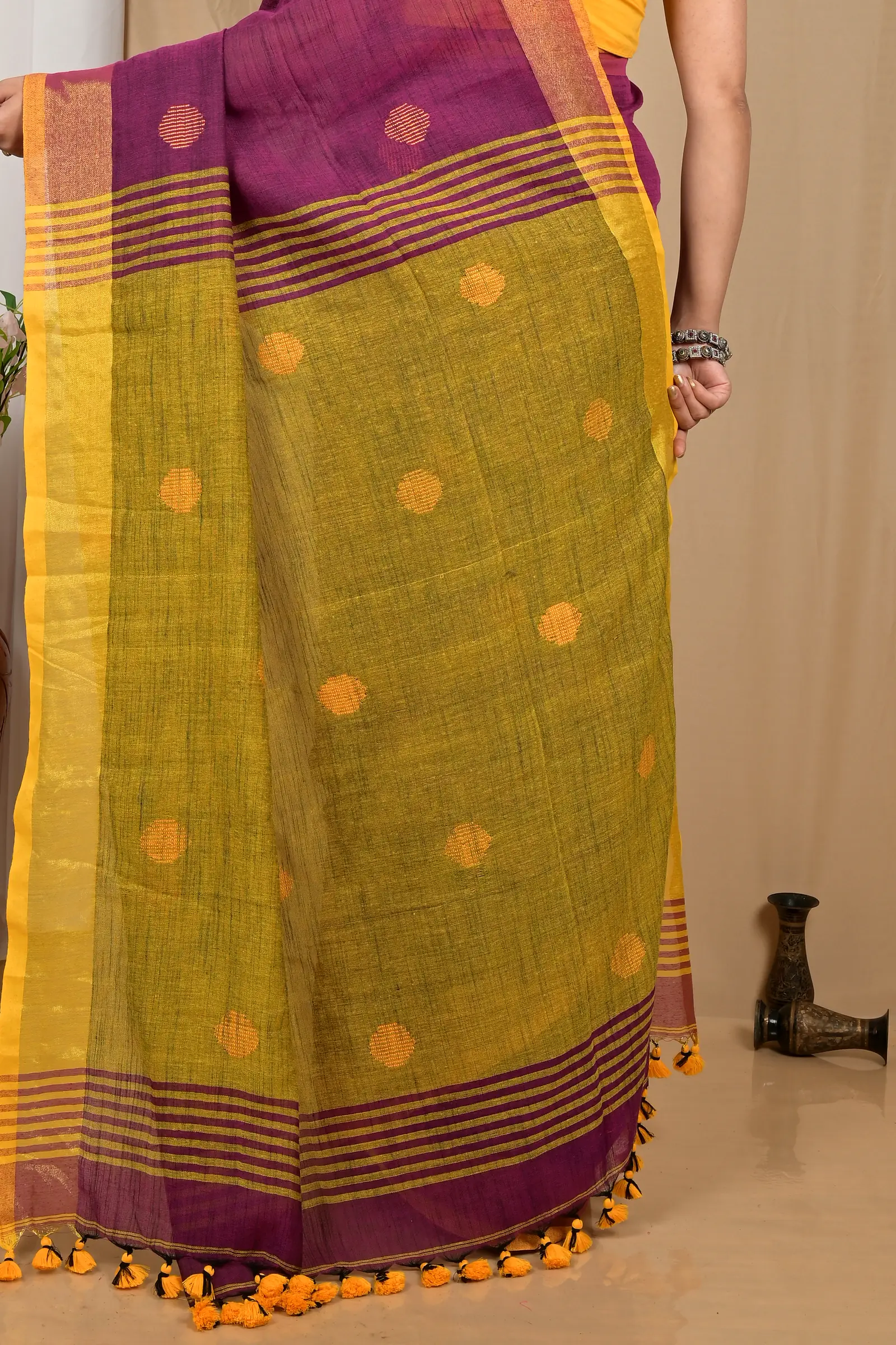 Purpel Yellow Pure Cotton Achkol Hand Loom Saree (2218)