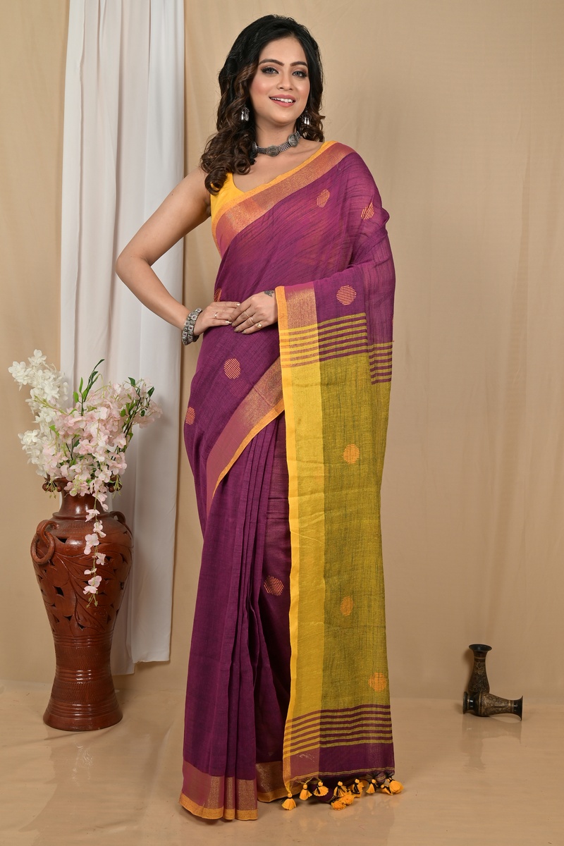 Purpel Yellow Pure Cotton Achkol Hand Loom Saree (2218)