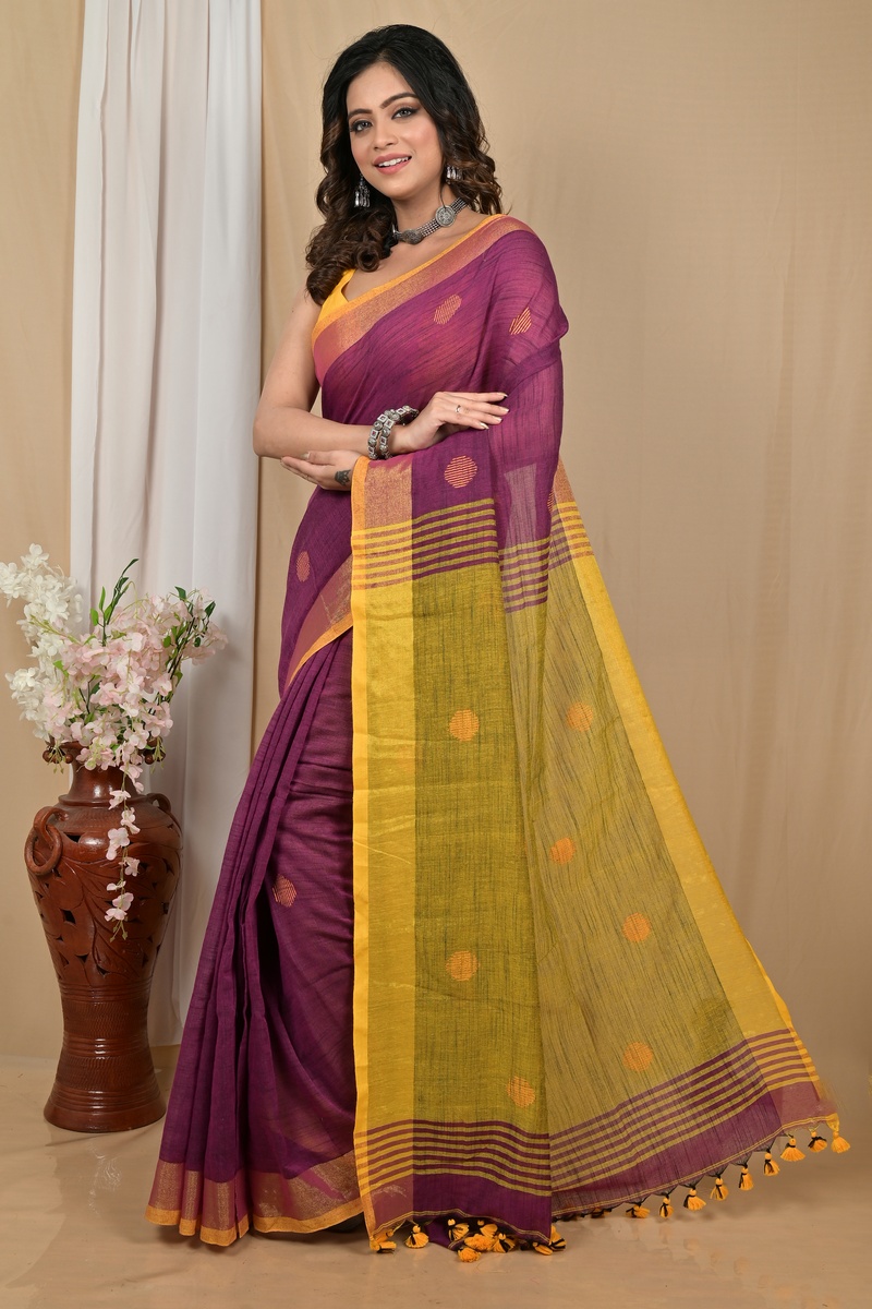 Purpel Yellow Pure Cotton Achkol Hand Loom Saree (2218)