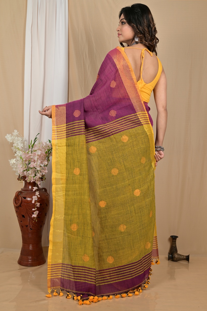 Purpel Yellow Pure Cotton Achkol Hand Loom Saree (2218)