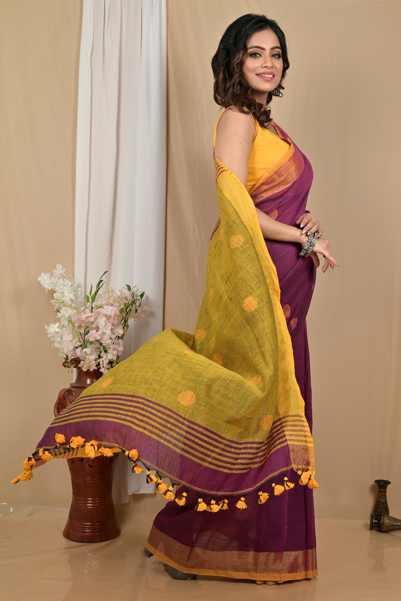 Purpel Yellow Pure Cotton Achkol Hand Loom Saree (2218)