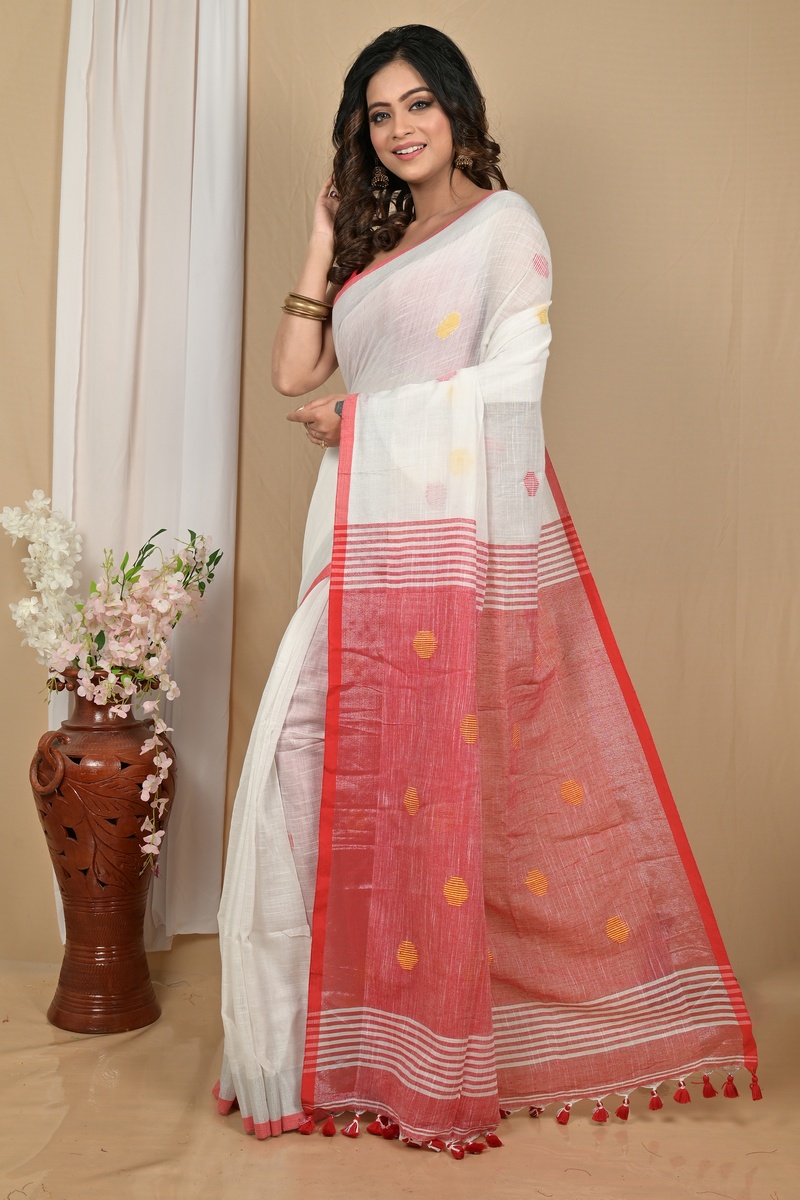 White Red Pure Cotton Achkol Hand Loom Saree (2219)