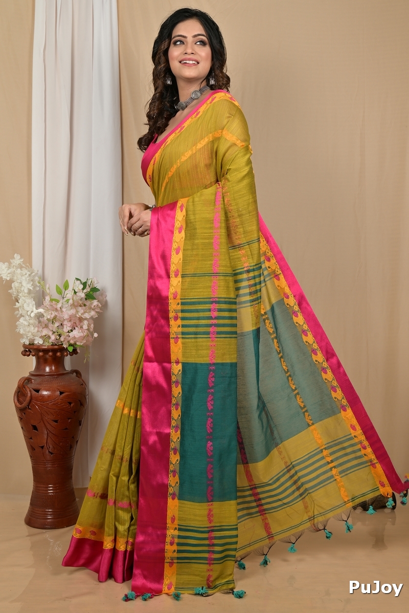Mehendi Green Blended Cotton Achsit Hand Loom Saree (2220)