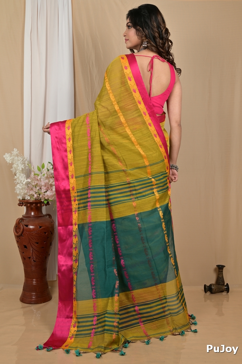 Mehendi Green Blended Cotton Achsit Hand Loom Saree (2220)