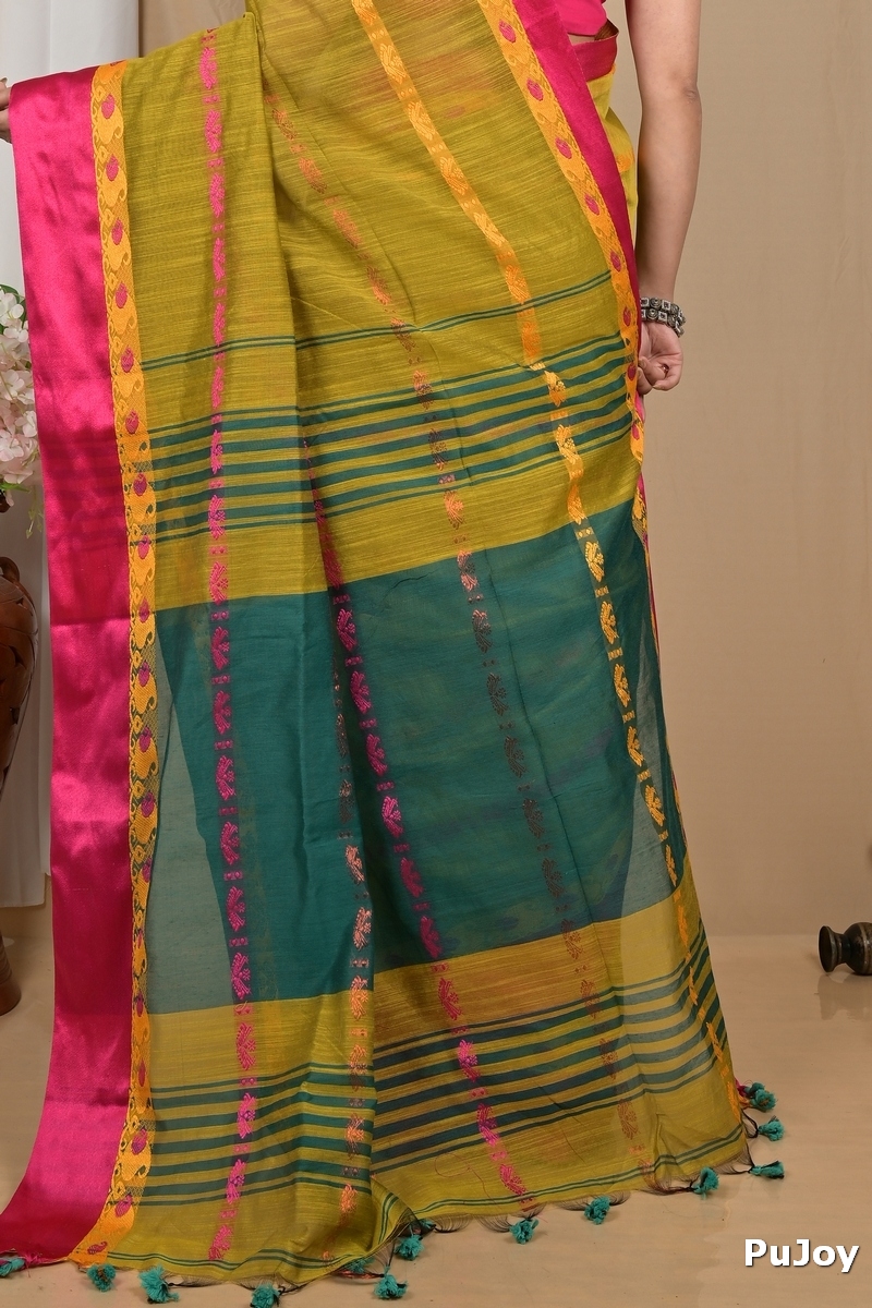 Mehendi Green Blended Cotton Achsit Hand Loom Saree (2220)