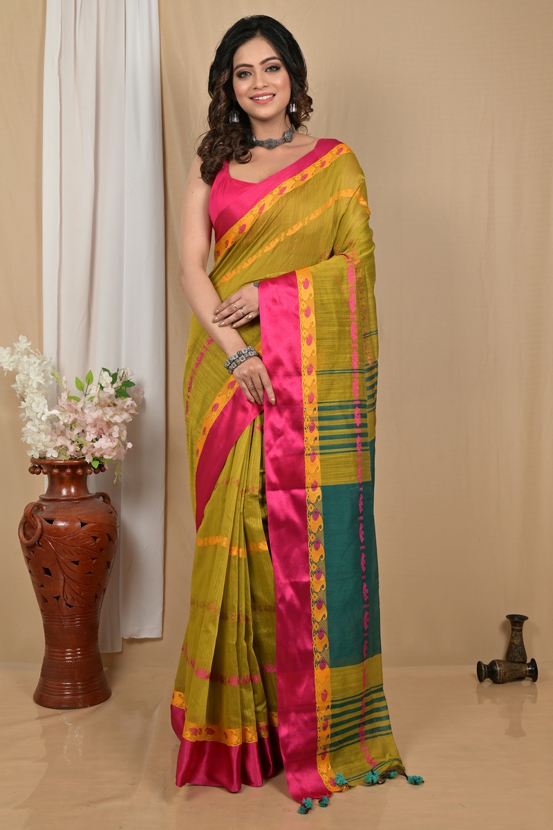 Mehendi Green Blended Cotton Achsit Hand Loom Saree (2220)