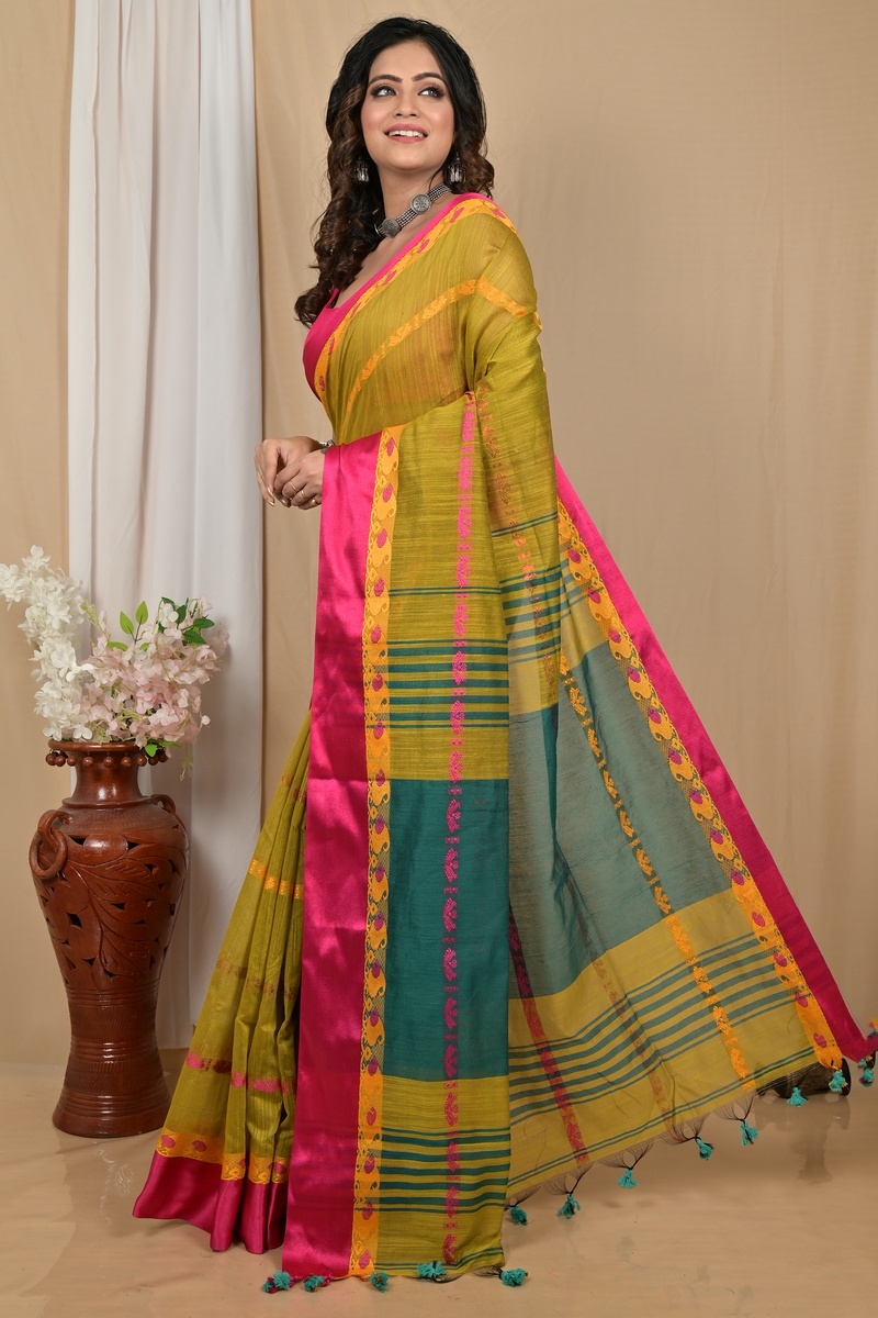 Mehendi Green Blended Cotton Achsit Hand Loom Saree (2220)