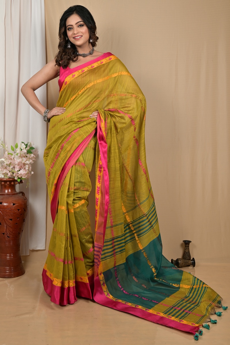 Mehendi Green Blended Cotton Achsit Hand Loom Saree (2220)