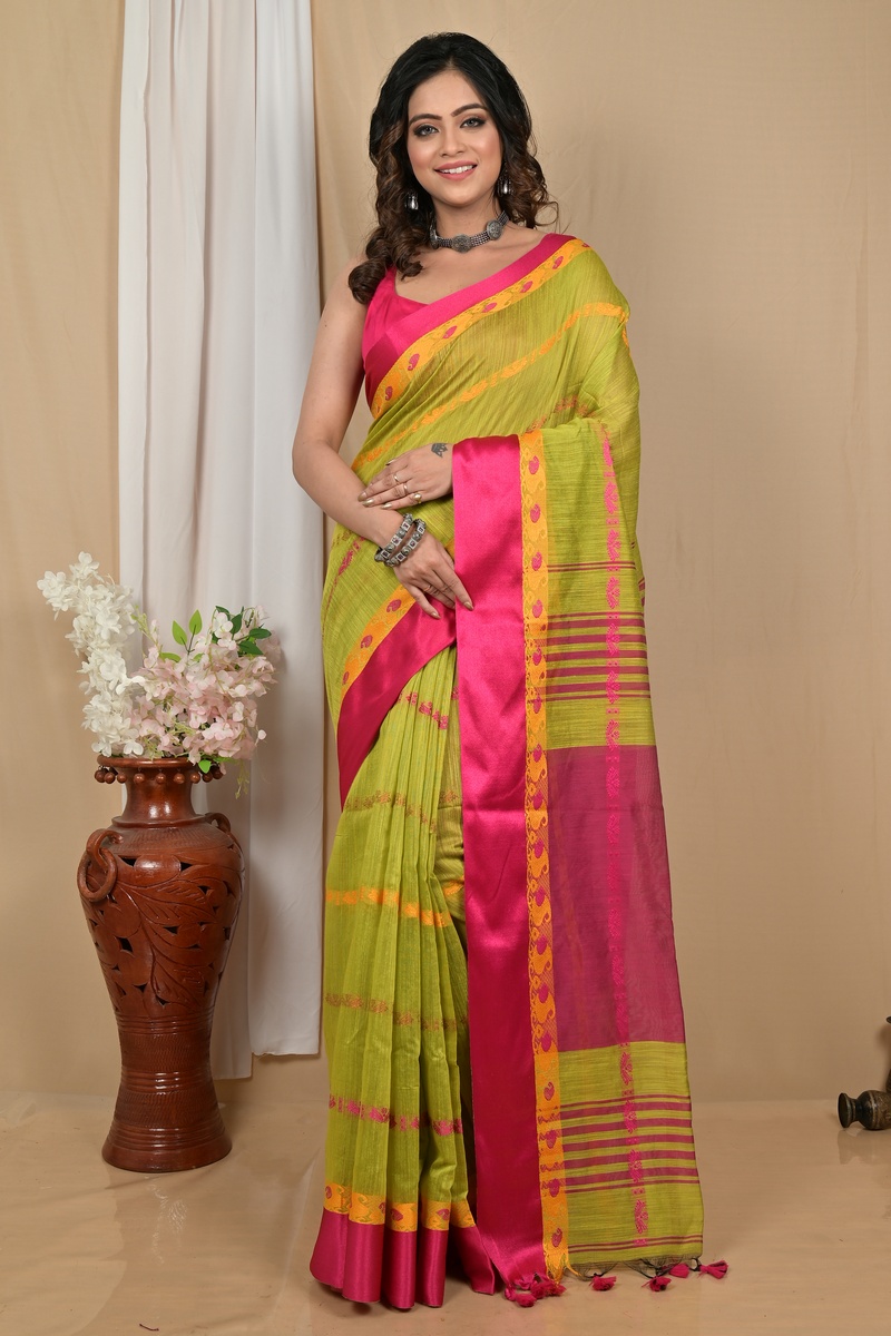 Green Pink Blended Cotton Achsit Hand Loom Saree (2221)
