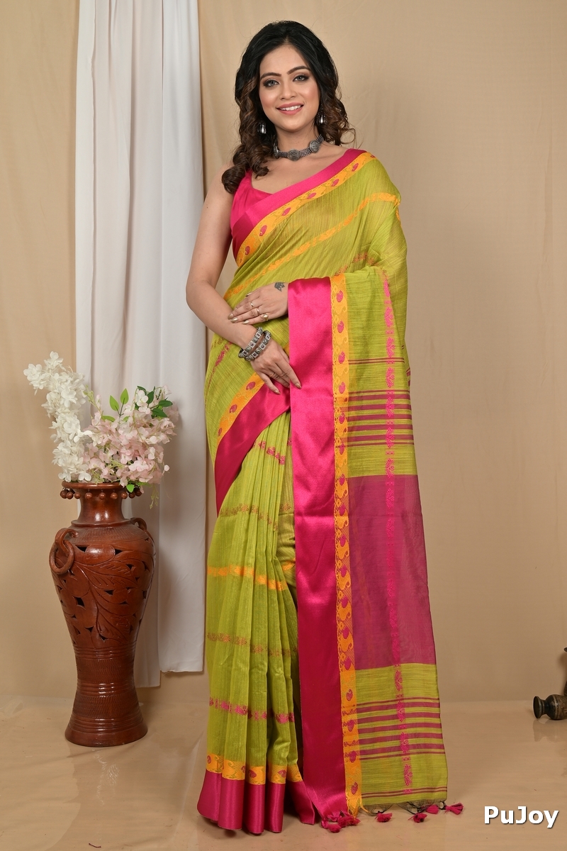Green Pink Blended Cotton Achsit Hand Loom Saree (2221)