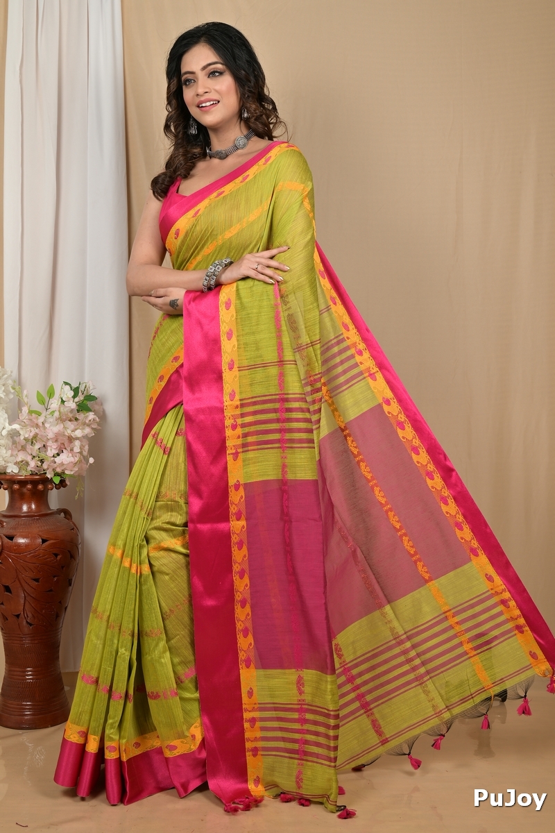 Green Pink Blended Cotton Achsit Hand Loom Saree (2221)