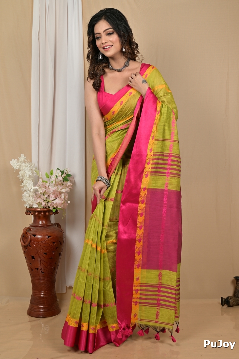 Green Pink Blended Cotton Achsit Hand Loom Saree (2221)