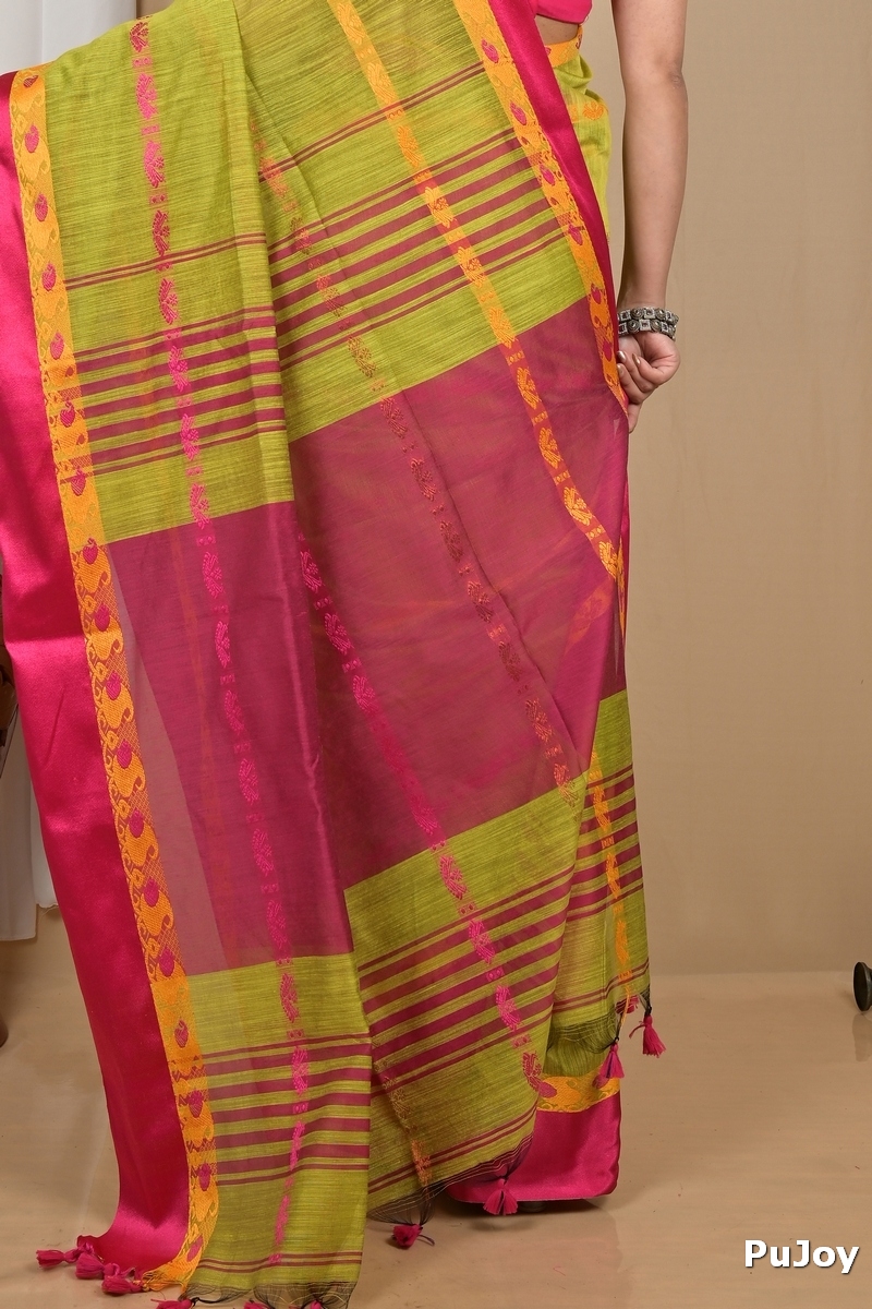 Green Pink Blended Cotton Achsit Hand Loom Saree (2221)