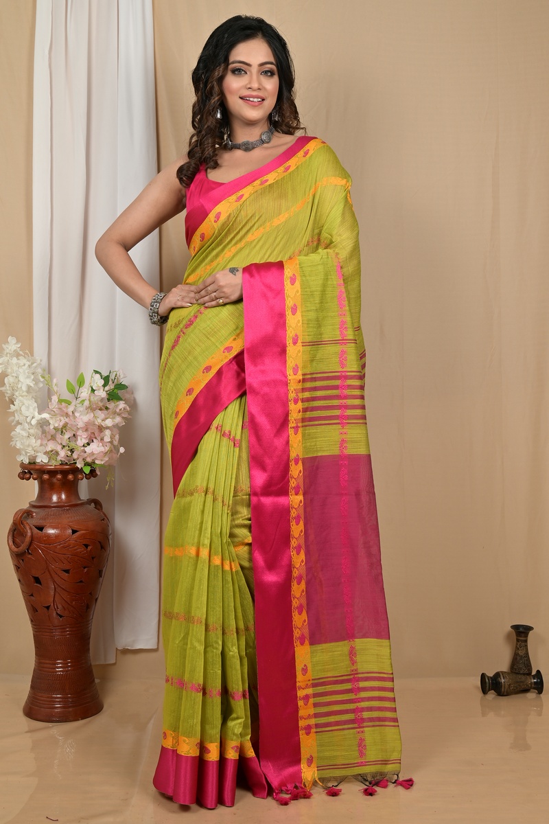 Green Pink Blended Cotton Achsit Hand Loom Saree (2221)