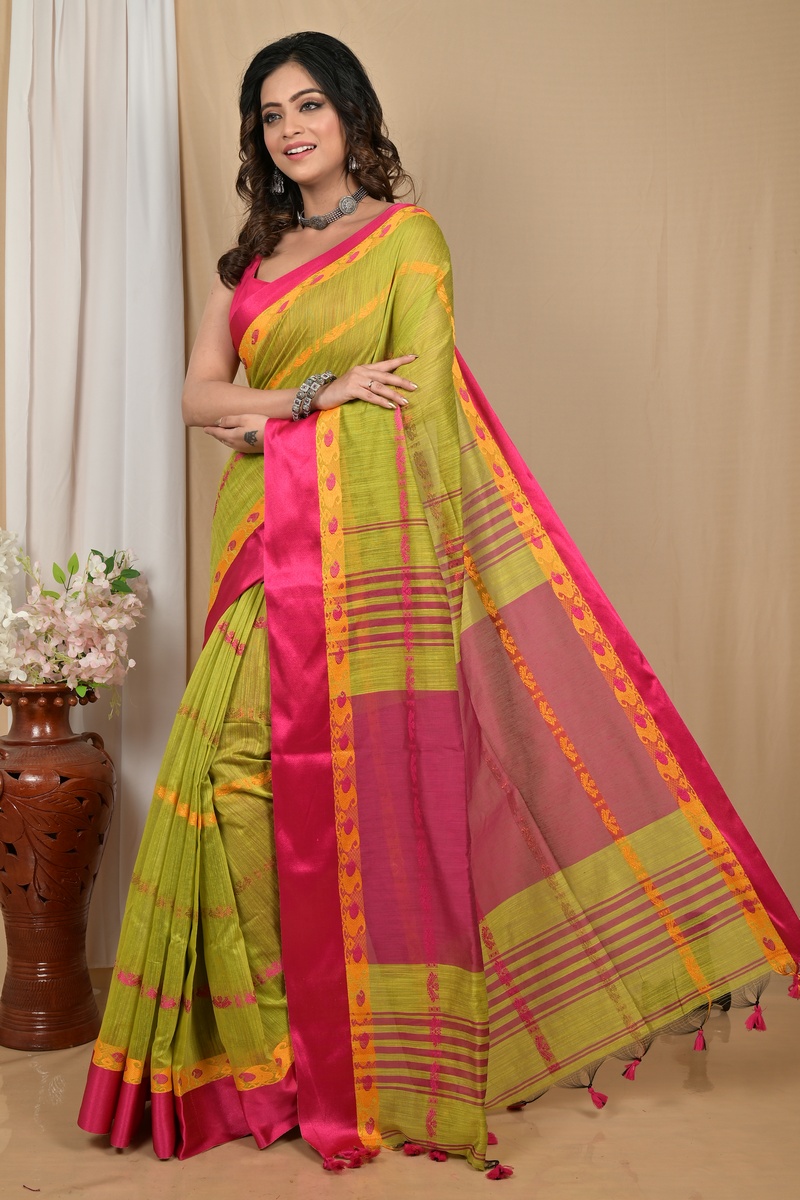 Green Pink Blended Cotton Achsit Hand Loom Saree (2221)