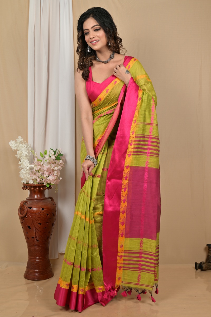 Green Pink Blended Cotton Achsit Hand Loom Saree (2221)