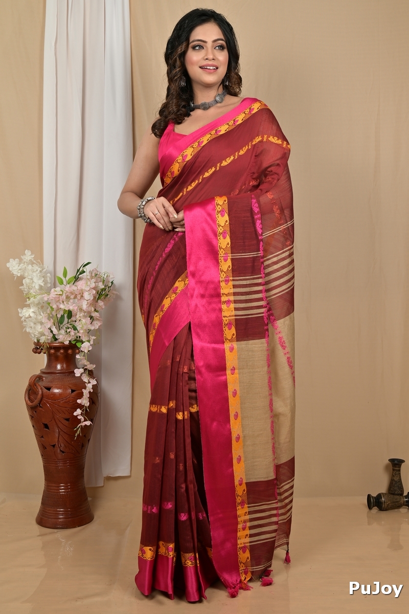 Dark Brown Blended Cotton Achsit Hand Loom Saree (2222)