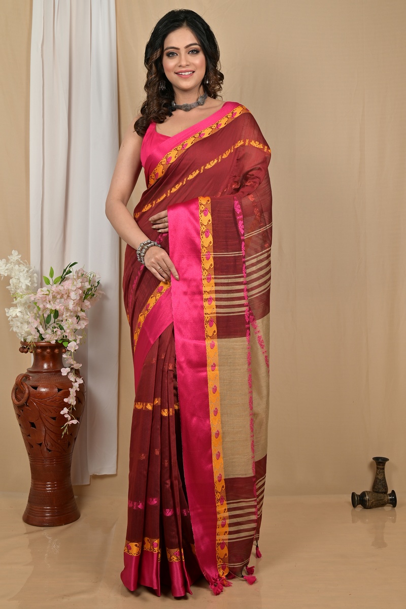 Dark Brown Blended Cotton Achsit Hand Loom Saree (2222)