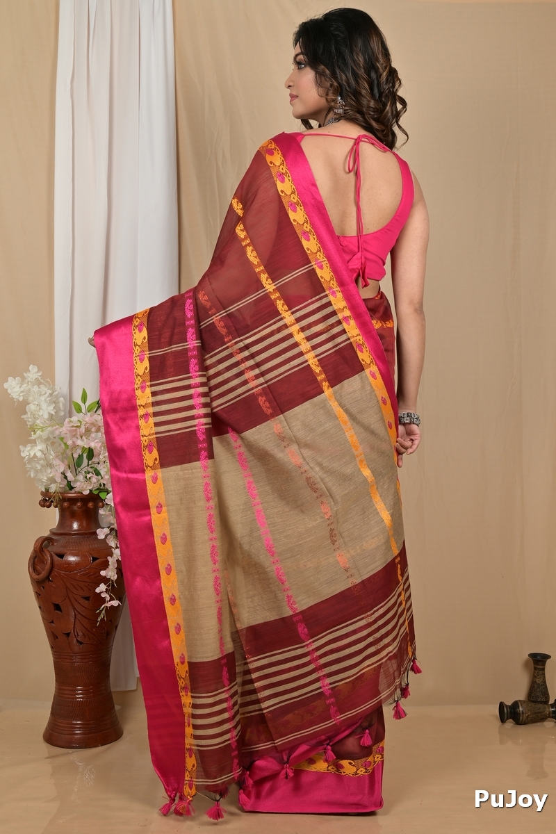 Dark Brown Blended Cotton Achsit Hand Loom Saree (2222)