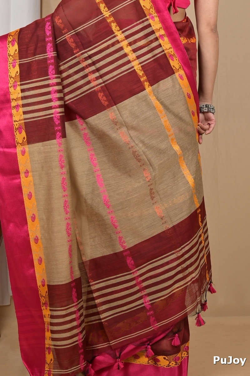 Dark Brown Blended Cotton Achsit Hand Loom Saree (2222)