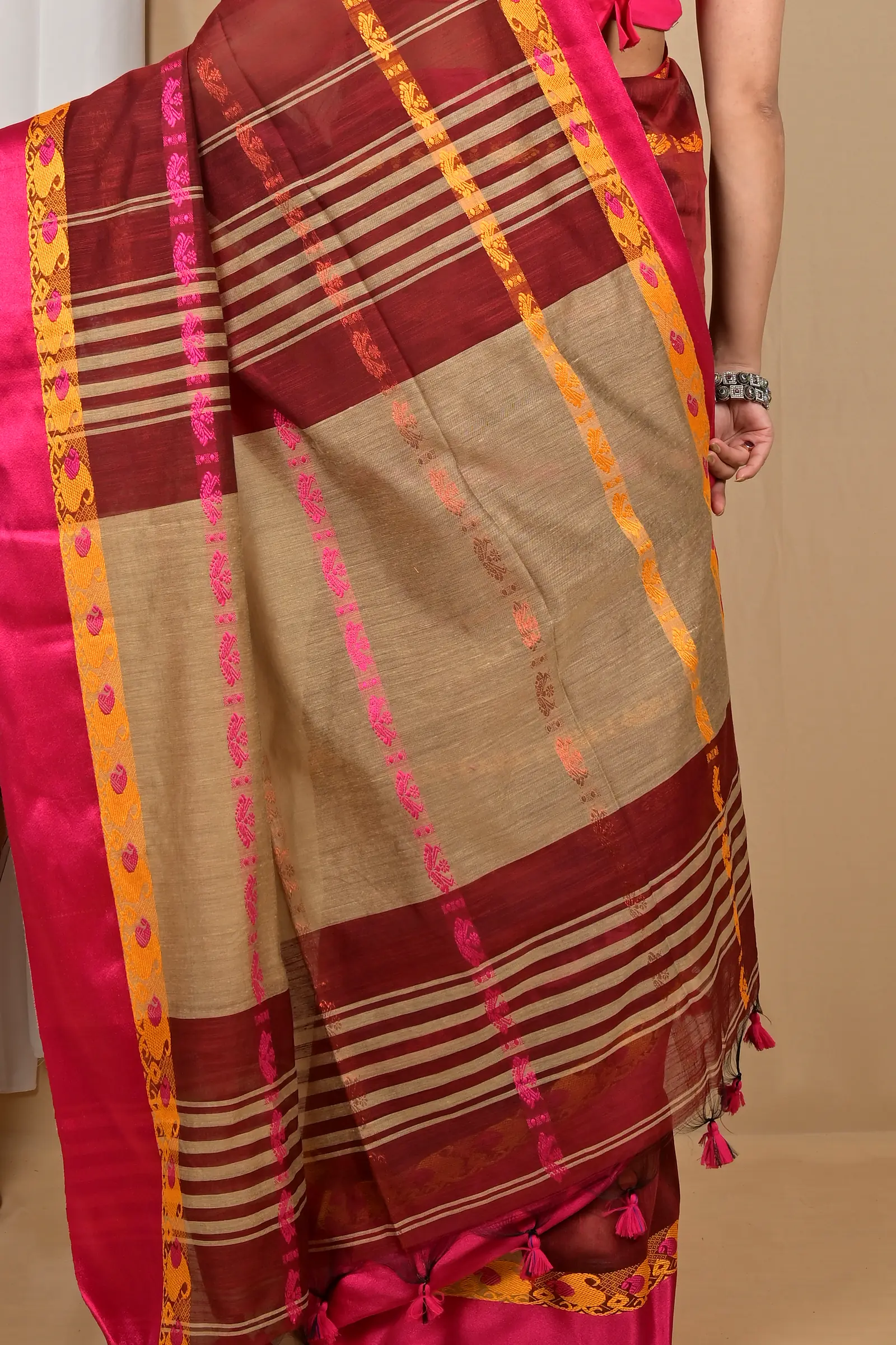 Dark Brown Blended Cotton Achsit Hand Loom Saree (2222)