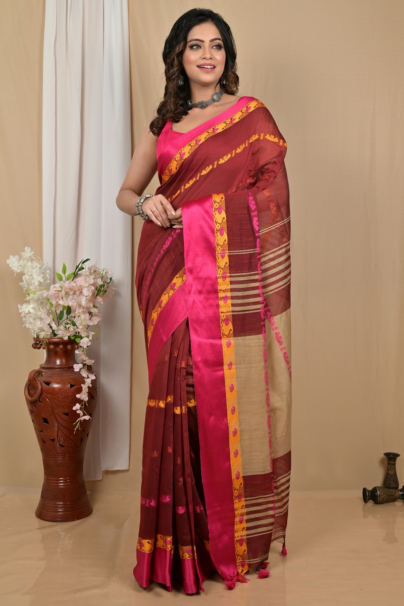 Dark Brown Blended Cotton Achsit Hand Loom Saree (2222)
