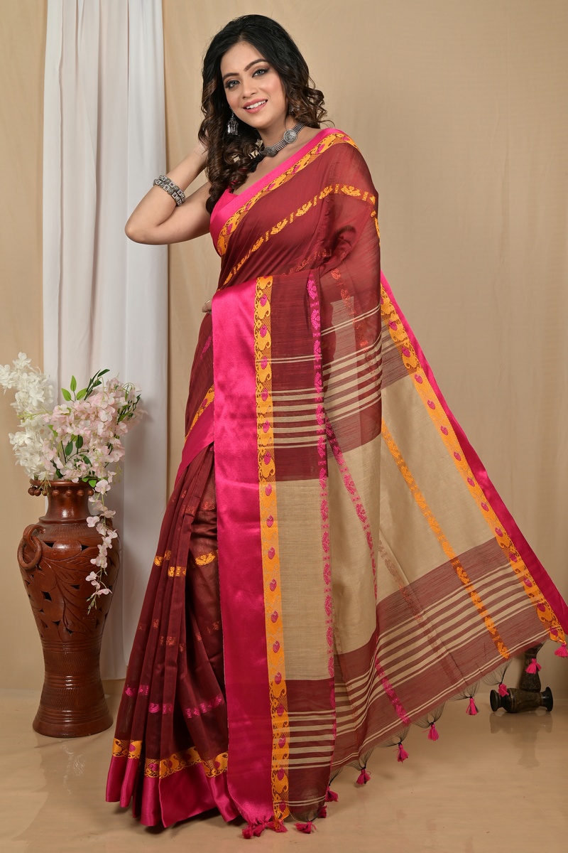 Dark Brown Blended Cotton Achsit Hand Loom Saree (2222)