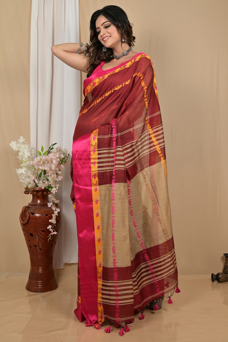 Dark Brown Blended Cotton Achsit Hand Loom Saree (2222)
