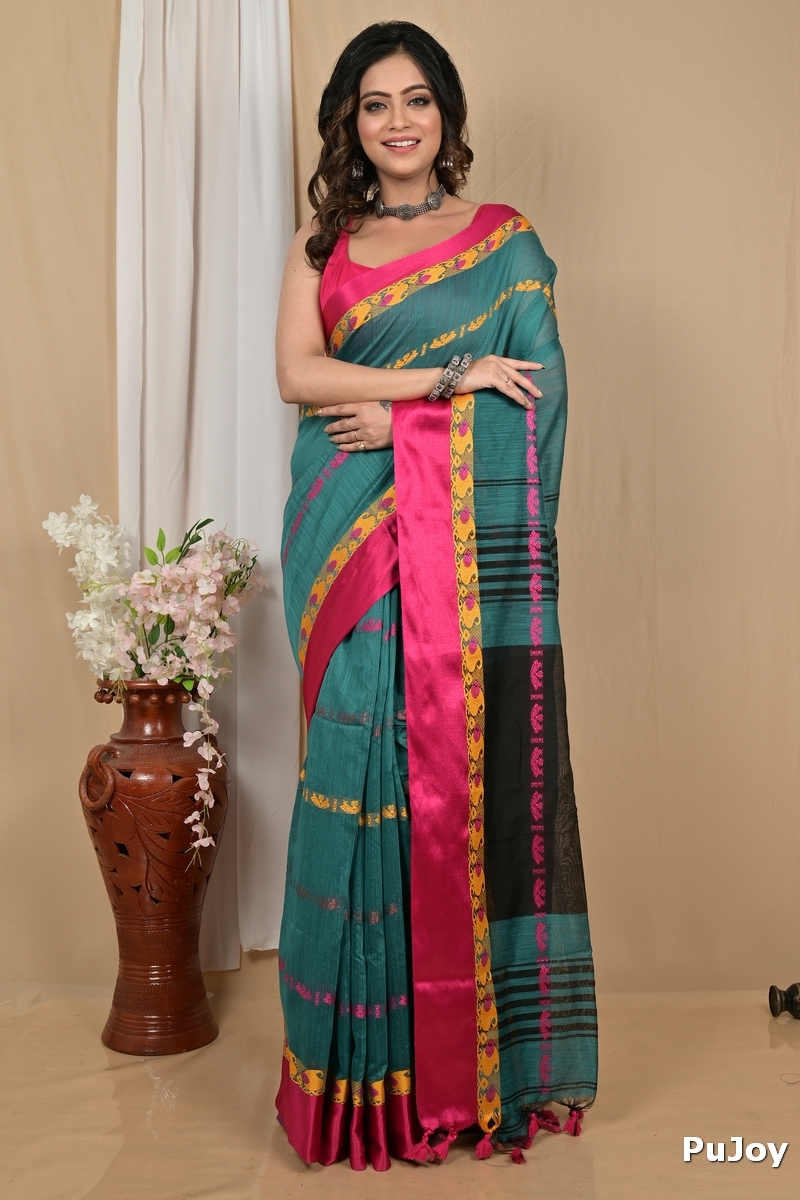Dark Green Blended Cotton Achsit Hand Loom Saree (2223)
