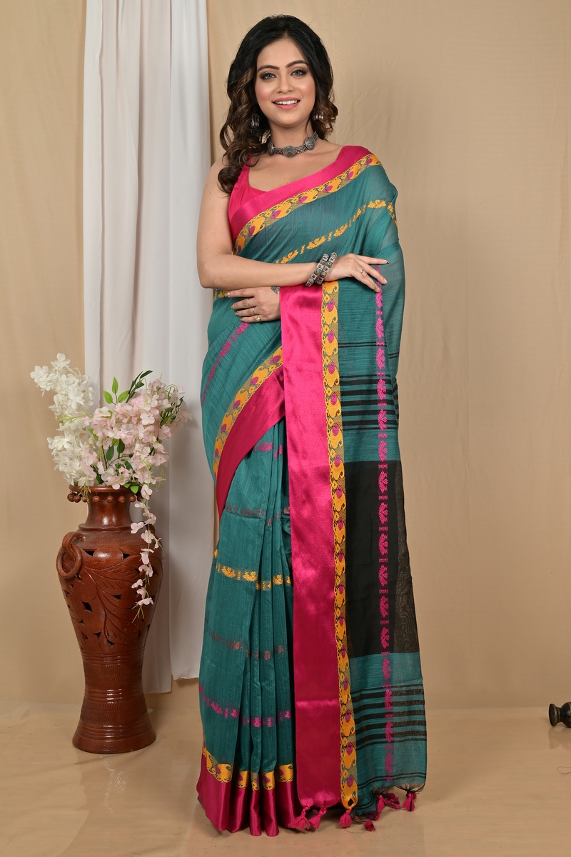 Dark Green Blended Cotton Achsit Hand Loom Saree (2223)