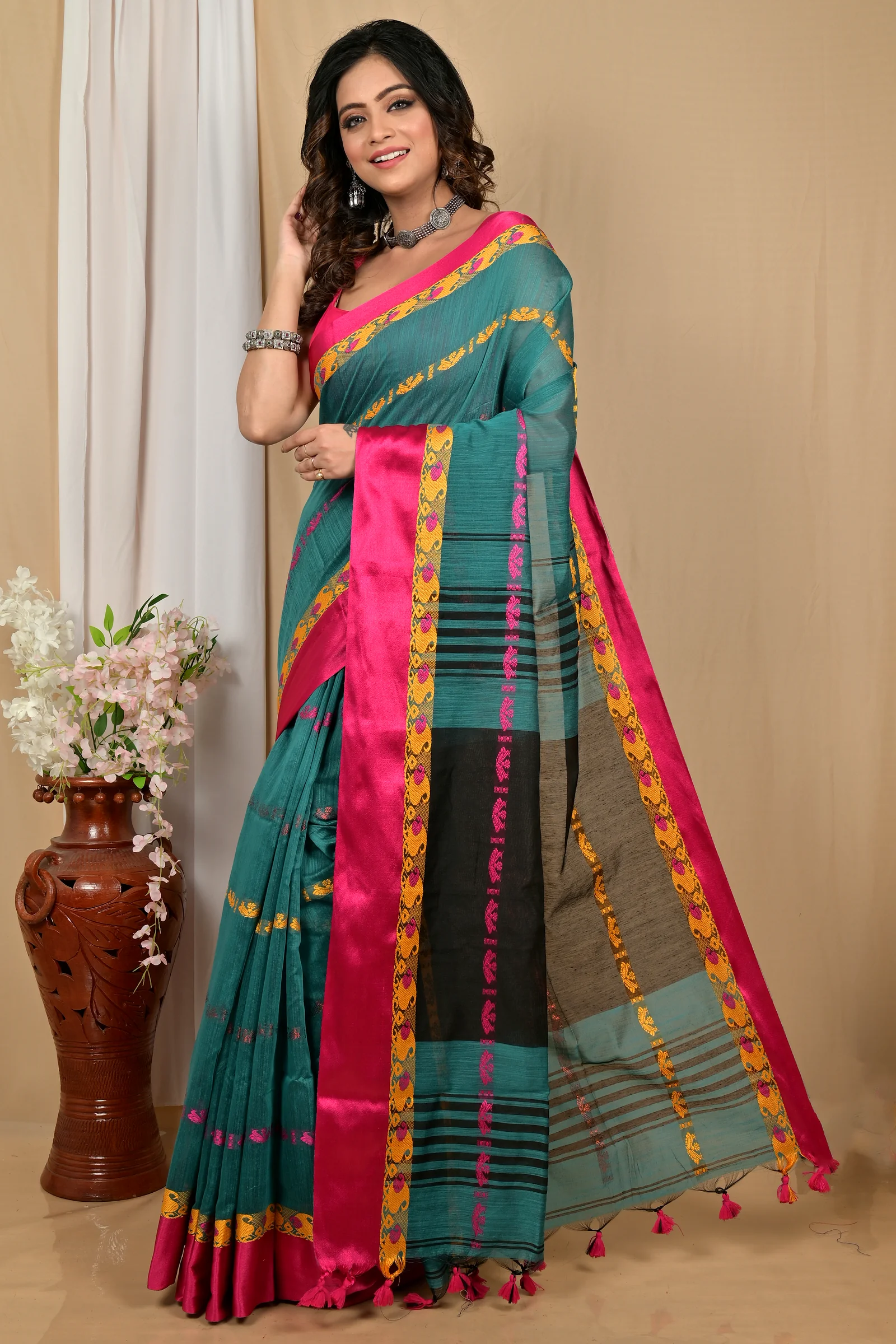 Dark Green Blended Cotton Achsit Hand Loom Saree (2223)