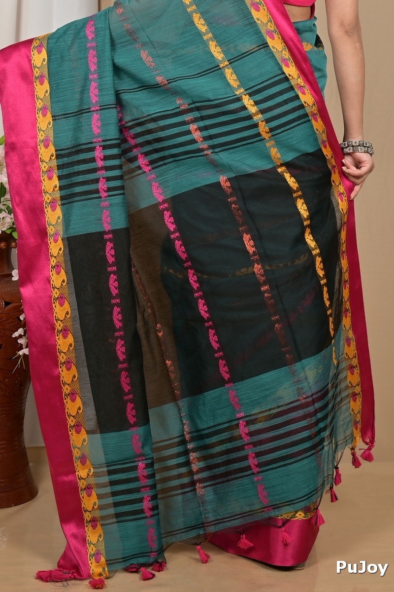 Dark Green Blended Cotton Achsit Hand Loom Saree (2223)