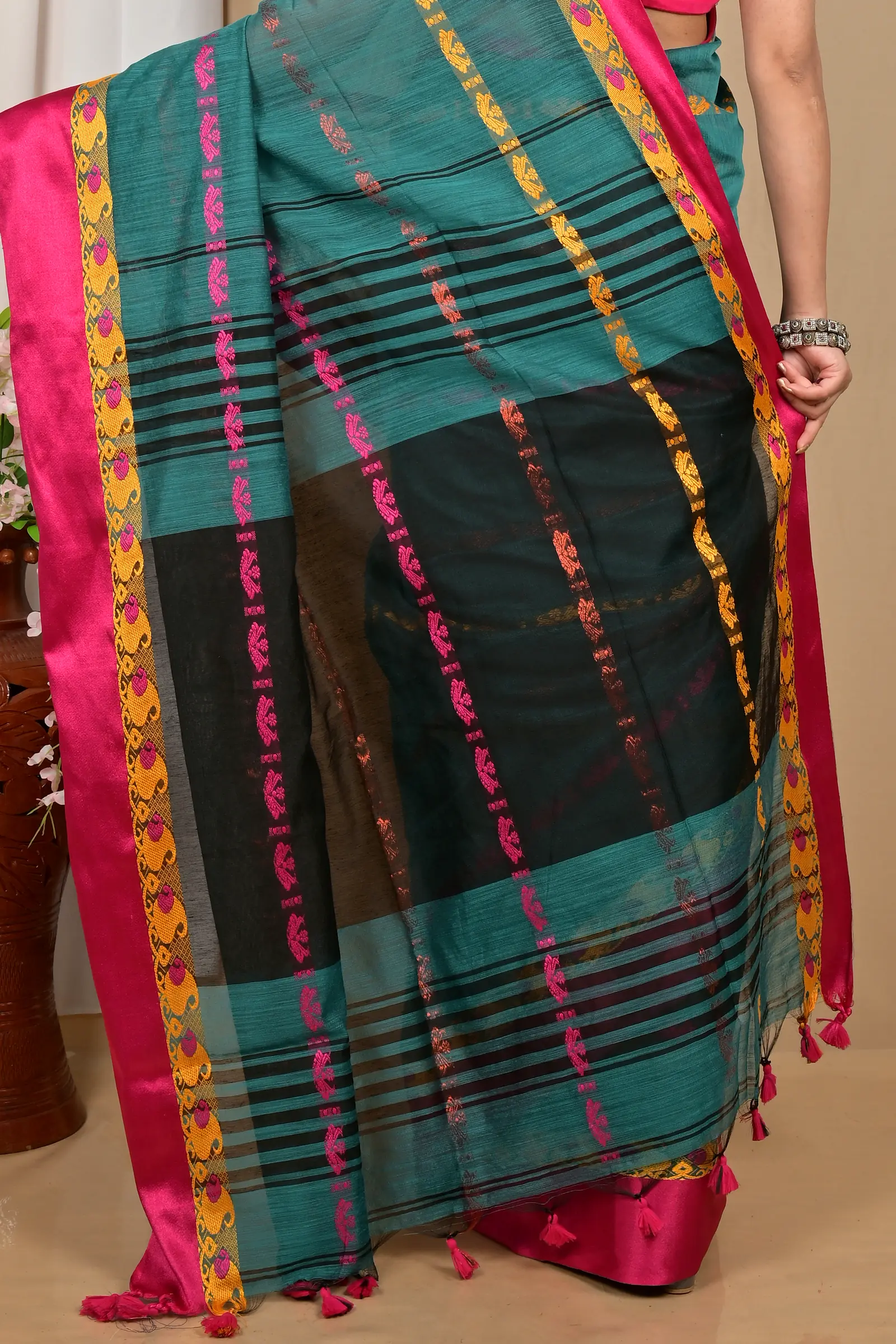 Dark Green Blended Cotton Achsit Hand Loom Saree (2223)